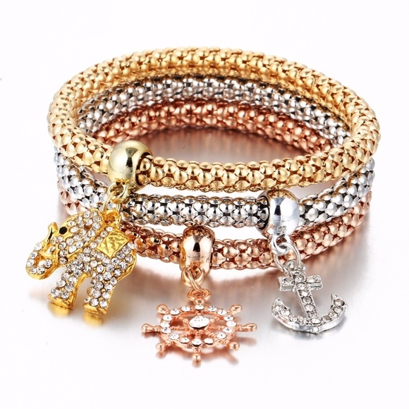 3 PCS Elephant Crystal Multi Toned Bracelet Set - Picture 1 of 3
